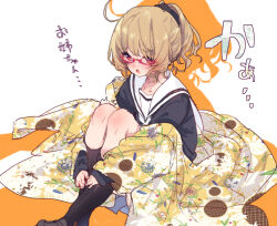 Rule 34 | :o, black footwear, black socks, black sweater, blush, brown hair, coat, coat partially removed, collarbone, colored shadow, commentary request, embarrassed, floral print, foot out of frame, glasses, hamayumiba sou, hanayamata, happi, hugging own legs, japanese clothes, kneehighs, knees up, loafers, looking at viewer, neckerchief, nose blush, open mouth, red-framed eyewear, red eyes, sailor collar, school uniform, semi-rimless eyewear, serafuku, shadow, shoes, sitting, socks, sweater, tokiwa machi, translation request, under-rim eyewear, white background, white neckerchief, white sailor collar, yellow coat