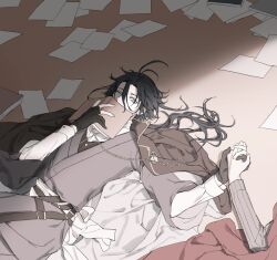 Rule 34 | 2boys, akutagawa ryuunosuke (bungou to alchemist), antenna hair, ascot, belt, black belt, black gloves, black hair, blue eyes, book, brown cape, bungou to alchemist, cape, covering own mouth, cowboy shot, dazai osamu (bungou to alchemist), gloves, grey kimono, grey shirt, hair between eyes, highres, holding, holding book, holding hands, japanese clothes, kimono, long hair, looking at another, low ponytail, lying, male focus, memdic (srs00108), multiple belts, multiple boys, on back, on floor, one eye closed, out of frame, paper, partially fingerless gloves, pinstripe pattern, pinstripe shirt, red cape, sash, shirt, sideways glance, solo focus, sunlight, white ascot, white sash, white shirt