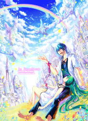 Rule 34 | 1boy, 1girl, blue eyes, cloud, day, closed eyes, hatsune miku, kaito (vocaloid), land, lying, multicolored hair, musical note, notes, prism, rainbow, sky, string, string of fate, vocaloid