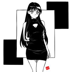 Rule 34 | 1girl, arm behind back, bishoujo senshi sailor moon, breasts, chris re5, cleavage, cleavage cutout, clothing cutout, dress, highres, hino rei, long hair, medium breasts, monochrome, signature, smile, solo, spot color