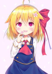 Rule 34 | 1girl, :d, ahoge, ascot, blonde hair, blue skirt, blue vest, blush, bow, commentary request, esureki, fang, flower, gradient hair, green hair, hair between eyes, hair bow, hair flower, hair ornament, highres, long hair, looking at viewer, multicolored hair, open mouth, petals, pink background, pink flower, purple eyes, red ascot, red bow, rumia, shirt, skirt, skirt set, smile, solo, touhou, vest, white shirt