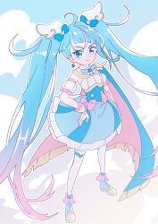 Rule 34 | 1girl, ahoge, blue eyes, blue hair, blue skirt, bow, brooch, cape, cure sky, detached sleeves, earrings, gradient hair, hand on own hip, hirogaru sky! precure, jewelry, long hair, magical girl, multicolored hair, pink bow, pink hair, precure, puffy detached sleeves, puffy sleeves, single earring, single sidelock, skirt, smile, solo, sora harewataru, standing, thighhighs, two-sided cape, two-sided fabric, very long hair, w00p, white thighhighs, wing brooch, wing hair ornament