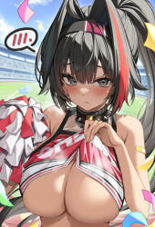 Rule 34 | 1girl, ahoge, bandaid, bandaid on arm, bare shoulders, bay (nikke), black collar, black hair, blush, breasts, cheerleader, cleavage, clothes lift, collar, confetti, crop top, dark-skinned female, dark skin, fang, furrowed brow, goddess of victory: nikke, grey eyes, hair between eyes, hair intakes, highres, holding, holding pom poms, large breasts, lifted by self, long hair, looking at viewer, mole, mole under eye, mole under mouth, multicolored hair, outdoors, pom pom (cheerleading), pom poms, ponytail, red hair, red tank top, shirt lift, solo, spiked collar, spikes, spoken blush, stadium, star sticker, steam, steaming body, sticker on face, streaked hair, sweat, tank top, underboob, upper body, very long hair, yuxian youka