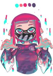 Rule 34 | 1girl, armband, bad id, bad twitter id, blunt bangs, breasts, camouflage, color guide, covered mouth, cropped torso, gradient eyes, gradient hair, green eyes, green hair, hands up, highres, inkling, inkling girl, inkling player character, kashu (hizake), limited palette, long hair, long sleeves, looking at viewer, mask, medium breasts, monster girl, mouth mask, multicolored eyes, multicolored hair, nintendo, pink eyes, pink hair, pointy ears, purple shirt, shirt, simple background, solo, splatoon (series), splatoon 2, taut clothes, taut shirt, tentacle hair, upper body, white background