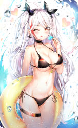Rule 34 | 1girl, absurdres, anchor symbol, antenna hair, azur lane, bad id, bad pixiv id, bikini, black bikini, blush, breasts, brown eyes, cleavage, collarbone, commentary request, cowboy shot, cross, cross earrings, dana (hapong07), dated, earrings, flag print, food, german flag bikini, groin, hair between eyes, heart, highres, holding, holding food, holding swim ring, innertube, iron cross, jewelry, large breasts, licking lips, long hair, looking at viewer, mole, mole on breast, multi-strapped bikini, multicolored hair, navel, one eye closed, popsicle, prinz eugen (azur lane), prinz eugen (unfading smile) (azur lane), red hair, ribbon, side-tie bikini bottom, sidelocks, silver hair, skindentation, smile, solo, sparkle, splashing, stomach, streaked hair, swim ring, swimsuit, thigh strap, tongue, tongue out, two side up, very long hair, wet