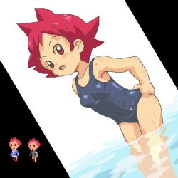 Rule 34 | 1girl, :o, adjusting clothes, adjusting swimsuit, armpits, bare shoulders, collarbone, dutch angle, hands on own hips, jaggy lines, kasuga (kasuga39), kumatora, leaning forward, looking back, lowres, matching hair/eyes, mother (game), mother 3, nintendo, one-piece swimsuit, open mouth, pink hair, pixel art, red eyes, red hair, school swimsuit, simple background, skin tight, swimsuit, wading, water