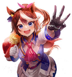 Rule 34 | 1girl, animal ears, ascot, asymmetrical gloves, black gloves, blue eyes, bow, brown hair, buttons, cape, clenched hand, double-breasted, ear ornament, epaulettes, from above, gloves, hair bow, highres, horse ears, horse girl, horse tail, jacket, long hair, looking at viewer, mismatched gloves, multicolored hair, pink ascot, pink bow, ponytail, red cape, robbia20000911, simple background, single epaulette, smile, solo, streaked hair, tail, teeth, tokai teio (umamusume), umamusume, upper teeth only, white background, white gloves, white jacket