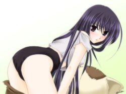 Rule 34 | 1girl, :o, ass, back, bare shoulders, bent over, blue eyes, blue hair, blush, buruma, costume, crop top, embarrassed, ever 17, from behind, komachi tsugumi, long hair, looking back, matching hair/eyes, min, signature, solo, strap slip, very long hair