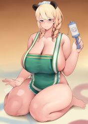 Rule 34 | 1girl, :&gt;, animal ears, apron, barefoot, bear ears, bear girl, blonde hair, blue eyes, blush, breasts, cleavage, collarbone, curvy, extra ears, female pubic hair, frigga (last origin), highres, holding, holding rattle, huge breasts, last origin, long hair, looking at viewer, maid headdress, moebell, mole, mole under mouth, naked apron, plump, pubic hair, rattle, sitting, smile, solo, thick thighs, thighs, twintails, wariza