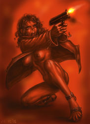 Rule 34 | 1girl, angry, bottomless, breasts, coat, copyright request, curly hair, dated, firing, gun, junqspace, long hair, medium breasts, monochrome, muzzle flash, naked coat, nipples, no bra, no panties, on one knee, open clothes, open coat, red background, red theme, sandals, solo, weapon