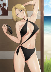 Rule 34 | 1girl, arm up, armpits, bare shoulders, beach, black-framed eyewear, black one-piece swimsuit, blonde hair, blue eyes, breasts, casual one-piece swimsuit, cleavage, collarbone, commentary request, contrapposto, criss-cross halter, day, earrings, unworn eyewear, gluteal fold, groin, halterneck, hamazaki reina, head tilt, highres, imaizumin-chi wa douyara gal no tamariba ni natteru rashii, jewelry, large breasts, lens flare, looking at viewer, navel, nori gorou, o-ring, ocean, one-piece swimsuit, original, outdoors, parted lips, short hair, smile, solo, stomach, sunglasses, sunlight, swimsuit, thighs, wet, wooden wall