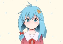 Rule 34 | 1girl, ahoge, blue eyes, blue hair, blush, bow, closed mouth, cookie (touhou), crying, crying with eyes open, flower, hair bow, hair flower, hair ornament, highres, long hair, looking at viewer, miramikaru miran, pink sweater, red bow, red neckwear, simple background, smile, solo, sweater, tears, upper body, yan pai, yellow background, yellow flower