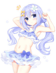 Rule 34 | 1girl, armpits, arms up, bikini, blue bikini, blue bow, blue eyes, blue hair, bow, bow bikini, breasts, closed mouth, cowboy shot, female focus, flower, frilled bikini, frills, hair between eyes, hair bow, hair flower, hair ornament, highres, long hair, looking at viewer, low twintails, navel, notice lines, original, petite, simple background, small breasts, smile, solo, swimsuit, twintails, utsunomiya tsumire, white background, white flower
