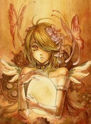 Rule 34 | bad id, bad pixiv id, bare shoulders, bug, butterfly, egg, elbow gloves, fantasy, flower, gloves, green hair, hair over one eye, holding, insect, lowres, mikikoto hitsuji, original, sepia, solo, traditional media, wings