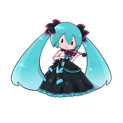 Rule 34 | 1girl, absurdres, blue hair, blush stickers, bow, bow (music), bowtie, chibi, commentary, dress, full body, hair bow, hatsune miku, highres, holding, holding instrument, instrument, long hair, miku symphony (vocaloid), music, playing instrument, smile, solid oval eyes, solo, strapless, strapless dress, twintails, very long hair, vocaloid, yu (user trfw5543)
