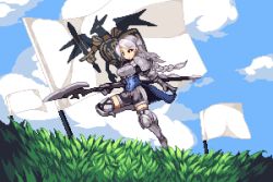 Rule 34 | 1girl, armor, boots, braid, breastplate, cloud, day, flag, gloves, grass, greaves, grey hair, holding, holding polearm, holding spear, holding weapon, leg up, long hair, lowres, outdoors, pixel art, polearm, ravness loxaerion, sky, solo, spear, tactics ogre, thigh boots, thighhighs, twin braids, warabin (suteki denpun), weapon, white flag