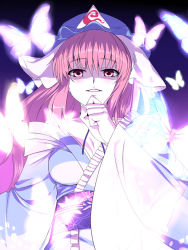 Rule 34 | 1girl, bad id, bad pixiv id, bare shoulders, breasts, bug, butterfly, female focus, hat, insect, japanese clothes, kimono, large breasts, light, lips, long hair, nyamota, off shoulder, pink eyes, pink hair, saigyouji yuyuko, solo, touhou, wide sleeves