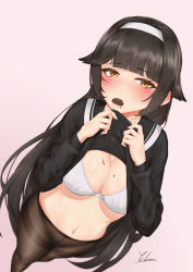 Rule 34 | 1girl, absurdres, artist name, azur lane, black hair, black pantyhose, black shirt, blush, box, box of chocolates, bra, breasts, chocolate, cleavage, clothes lift, commentary request, eating, from above, hair ornament, hairband, heart-shaped box, highres, ichikushi mojibake, long hair, long sleeves, looking at viewer, medium breasts, midriff, navel, official alternate costume, pantyhose, parted lips, school uniform, serafuku, shirt, shirt lift, simple background, solo, standing, takao (azur lane), takao (school romanza) (azur lane), underwear, white bra, white hairband, yellow eyes
