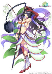 Rule 34 | 1girl, armpits, black hair, blue eyes, boots, breasts, city forest online, cleavage, copyright name, elbow gloves, flail, flower, flower knight girl, full body, gloves, hair over one eye, huge weapon, knee boots, large breasts, long hair, looking at viewer, morning star, name connection, object namesake, official art, red gloves, sash, see-through, sideboob, single elbow glove, skirt, smile, solo, suzurannoki (flower knight girl), weapon, white background, white footwear