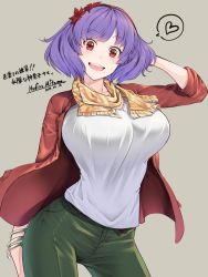 Rule 34 | 1girl, alternate costume, arm behind head, arm up, blouse, blush, breasts, casual, collarbone, contemporary, cowboy shot, dated, hair ornament, head tilt, heart, jacket, large breasts, leaf hair ornament, long sleeves, looking at viewer, mitama mudimudi, open mouth, purple hair, red eyes, red jacket, scarf, shirt, short hair, smile, solo, speech bubble, spoken heart, standing, touhou, white shirt, yasaka kanako