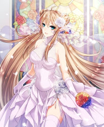 Rule 34 | 10s, 1girl, ahoge, asada ryou, bare shoulders, blonde hair, blue eyes, bouquet, breasts, bridal veil, cardfight!! vanguard, cowboy shot, double bun, dress, elf, flower, gloves, hair bun, hair flower, hair ornament, leading jewel knight salome, long hair, low twintails, medium breasts, parted lips, pointy ears, rose, sideboob, smile, solo, stained glass, thighhighs, twintails, veil, very long hair, wedding dress, white dress, white flower, white gloves, white rose, white thighhighs