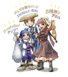 3girls absurdres ainu ainu_clothes amir_halgal asirpa book boots dagger dress ear_piercing earrings english_text fur_trim golden_kamuy hat headband highres holding holding_dagger holding_knife holding_weapon jewelry kazakh_clothes knife multiple_girls otoyomegatari pen piercing rabbit straw_hat weapon writing