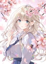 Rule 34 | 1girl, absurdres, ahoge, arm at side, blonde hair, blue eyes, blue necktie, blue skirt, blush, branch, breasts, cherry blossoms, collared shirt, commentary request, cowboy shot, falling petals, fingernails, from side, hair between eyes, hand up, high-waist skirt, highres, long hair, long sleeves, looking at viewer, medium breasts, necktie, original, parted lips, petals, pleated skirt, shirt, shirt tucked in, sidelocks, skirt, solo, white shirt, wing collar, yukiko (tesseract)