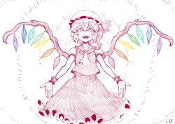 Rule 34 | ascot, crystal, dress, emphasis lines, exabyte (parallax05), fangs, flandre scarlet, frilled dress, frilled shirt collar, frilled skirt, frilled sleeves, frills, hair between eyes, hat, hat ribbon, highres, looking at viewer, mob cap, one side up, open mouth, puffy short sleeves, puffy sleeves, ribbon, short sleeves, side ponytail, simple background, skirt, smile, solo, touhou, vest, white background, wings, wrist cuffs