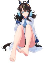 Rule 34 | 1girl, ahoge, animal ears, bare legs, barefoot, black hair, blue eyes, blush, breasts, closed mouth, commentary request, daring tact (umamusume), feet, full body, gloves, hair ornament, highres, horse ears, horse tail, jacket, looking at viewer, medium breasts, medium hair, no shoes, panties, philo 324, shirt, sitting, smile, soles, tail, thighs, toes, umamusume, underwear, white shirt