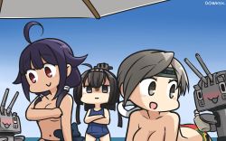 Rule 34 | 3girls, :d, ahoge, akizuki (kancolle), black hair, blue eyes, blue one-piece swimsuit, blush, breasts, chitose (kancolle), chou-10cm-hou-chan, crossed arms, dated, empty eyes, grey eyes, grey hair, hair flaps, hamu koutarou, highres, kantai collection, large breasts, long hair, low twintails, multiple girls, one-piece swimsuit, open mouth, ponytail, purple hair, red eyes, school swimsuit, smile, swimsuit, taigei (kancolle), twintails, | |, || ||