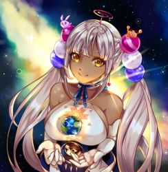 Rule 34 | 1girl, bare shoulders, blunt bangs, breasts, closed mouth, dark-skinned female, dark skin, earrings, elbow gloves, gloves, hair ornament, halterneck, highres, hololive, hololive english, jewelry, kaniko (tsukumo sana), large breasts, long hair, looking at viewer, planet hair ornament, sidelocks, silver hair, single earring, skin tight, smile, solo, sygnallost, tsukumo sana, tsukumo sana (1st costume), twintails, underbust, usaslug (tsukumo sana), very long hair, virtual youtuber, white gloves, yellow eyes