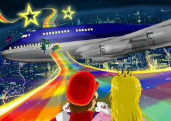 Rule 34 | 1girl, 1other, 2boys, accident, aircraft, airplane, blonde hair, boeing 747, car, car crash, city, city lights, crash, crown, from behind, gloves, hat, heart, kart, luigi, mario, mario (series), mario kart, mario kart: double dash!!, motor vehicle, multiple boys, night, night sky, nintendo, outdoors, princess peach, racing, rainbow, rainbow road, red headwear, river, sky, star (symbol), super mario bros. 1, turtle shell, vehicle, white gloves, yoshi