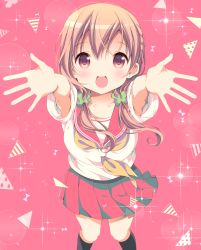 Rule 34 | 10s, 1girl, :d, blush, brown eyes, brown hair, commentary request, diffraction spikes, hair ornament, hair scrunchie, highres, hinako note, kneehighs, looking at viewer, march-bunny, neckerchief, open mouth, outstretched arms, pink background, pleated skirt, reaching, reaching towards viewer, sakuragi hinako, school uniform, scrunchie, serafuku, short sleeves, skirt, smile, socks, solo, sparkle, twintails