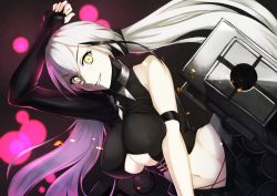 Rule 34 | 1girl, arm above head, armband, bare shoulders, black background, black dress, black gloves, blurry, blush, bokeh, breast press, breasts, choker, clothing cutout, covered erect nipples, crossed bangs, depth of field, dress, fingerless gloves, floating hair, gaia (girls&#039; frontline), girls&#039; frontline, gloves, groin, hair between eyes, hair ornament, large breasts, long hair, looking at viewer, low twintails, machinery, multicolored hair, navel, parted lips, sangvis ferri, shiroteru, sidelocks, silver hair, single sleeve, skindentation, smile, smirk, solo, stomach, streaked hair, twintails, underboob cutout, upper body, weapon, yellow eyes