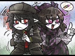 Rule 34 | +++, 2girls, :d, alternate costume, annoyed, black hair, black hat, black jacket, black necktie, black pants, blazer, blouse, checkered clothes, checkered scarf, checkered skirt, colored skin, cowboy shot, dango, flat cap, flying sweatdrops, food, frilled shirt collar, frills, frown, hair between eyes, hat, himekaidou hatate, index finger raised, jacket, letterboxed, long sleeves, multiple girls, necktie, official alternate costume, open mouth, pants, pink eyes, pink shirt, pointing, pointy ears, purple hat, purple scarf, purple skirt, red eyes, red necktie, scarf, shameimaru aya, shameimaru aya (newsboy), shirt, skirt, smile, spoken food, squiggle, suenari (peace), suit jacket, tokin hat, touhou, wagashi, white skin