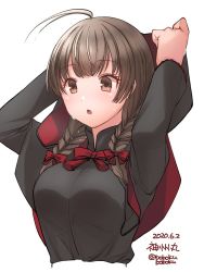 Rule 34 | 1girl, ahoge, black capelet, black dress, bobokuboboku, braid, breasts, brown hair, capelet, character name, commentary request, dated, dress, hood, hooded capelet, kantai collection, large breasts, long hair, shinshuu maru (kancolle), simple background, solo, twin braids, upper body, white background