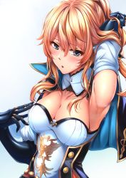 Rule 34 | 1girl, arm up, armpits, blue eyes, blush, breasts, cape, cross, cross earrings, earrings, genshin impact, gloves, half-closed eyes, highres, jean (genshin impact), jewelry, looking at viewer, medium breasts, open mouth, ponytail, simple background, solo, sweat, white background, xlscaler