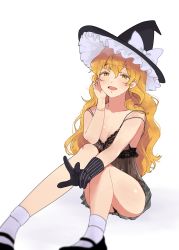 Rule 34 | 1girl, bare shoulders, black footwear, black gloves, black hat, black panties, blonde hair, blurry, blurry foreground, bow, bracelet, colored eyelashes, gloves, hair between eyes, hand up, hat, hat bow, highres, honi (honix3), jewelry, kirisame marisa, knees up, lingerie, long hair, looking at viewer, mary janes, md5 mismatch, negligee, open mouth, panties, pantyshot, resolution mismatch, shoes, simple background, sitting, smile, socks, solo, source larger, touhou, underwear, wavy mouth, white background, white bow, white socks, witch hat, yellow eyes