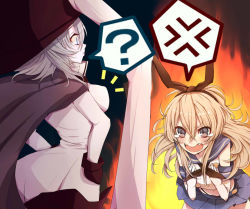 Rule 34 | 10s, 2girls, ?, abyssal ship, anger vein, blonde hair, bodysuit, breast envy, breasts, cape, elbow gloves, gloves, hairband, kantai collection, long hair, multiple girls, personification, shimakaze (kancolle), silver hair, soratoa, spoken anger vein, spoken question mark, wo-class aircraft carrier
