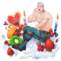 Rule 34 | 1boy, abs, artist request, bara, birthday, blush, bryan fury, cake, candle, check artist, cherry, eating, food, food in mouth, food on body, food on pectorals, fruit, full body, grapes, happy birthday, heart, kiwi (fruit), large pectorals, looking at viewer, male focus, mature male, muscular, muscular male, navel, nipples, orange (fruit), pectorals, short hair, sideburns, sitting, solo, strawberry shortcake, tekken, topless male, white hair, yi lee