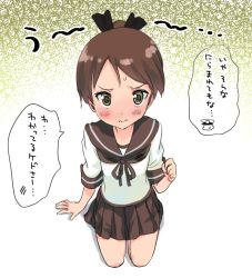 Rule 34 | 1girl, brown eyes, brown hair, brown sailor collar, brown skirt, commentary request, embarrassed, from above, kantai collection, kujira naoto, ponytail, sailor collar, school uniform, seiza, serafuku, shikinami (kancolle), short hair, sitting, skirt, solo, translation request