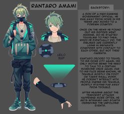 Rule 34 | 1boy, alternate costume, amami rantaro, antenna hair, black pants, brown background, character name, cheer (cheerpuppy14), commentary, danganronpa (series), danganronpa v3: killing harmony, detached sleeves, english text, full body, green eyes, green hoodie, highres, hood, hoodie, jewelry, long sleeves, male focus, multiple views, necklace, pants, respirator, shirt, shoes, short hair, simple background, smile