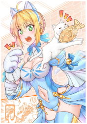 Rule 34 | 1girl, ahoge, alternate costume, animal ear fluff, animal ears, animal hands, artoria pendragon (all), artoria pendragon (fate), bare shoulders, bell, blonde hair, blue leotard, blue ribbon, blue thighhighs, blush, braid, breasts, cat, cat ears, cat tail, cigar cat, cleavage, cleavage cutout, clothing cutout, fate (series), french braid, gloves, green eyes, hair between eyes, hair bun, hair ribbon, highleg, highleg leotard, jingle bell, kittysuit, large breasts, leotard, long hair, looking at viewer, navel, navel cutout, neck ribbon, nontraditional playboy bunny, open mouth, paw gloves, ribbon, saber (fate), sidelocks, single hair bun, solo, tail, thighhighs, thighs, wide sleeves