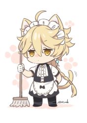 Rule 34 | 1boy, aether (genshin impact), alternate costume, animal ears, apron, ar (rikuesuto), blonde hair, cat ears, cat tail, chibi, earrings, enmaided, genshin impact, gloves, hair between eyes, jewelry, long hair, maid, maid headdress, male focus, short sleeves, simple background, single earring, solo, standing, tail, twitter username, white apron, white gloves, yellow eyes