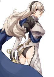 Rule 34 | 1girl, absurdres, armor, ass, black panties, blue cape, breasts, cape, commentary, corrin (female) (fire emblem), corrin (fire emblem), cowboy shot, english commentary, fire emblem, fire emblem fates, hair between eyes, hairband, highres, lips, long hair, looking back, nintendo, nose, panties, pointy ears, red eyes, silver hair, sword, tareme, underwear, weapon, x xith x, yato (fire emblem)