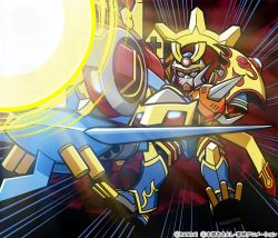 Rule 34 | armor, bandai, cannon, copyright name, digimon, digimon frontier, full armor, glowing, glowing eyes, glowing weapon, helmet, holding, holding weapon, looking to the side, mecha, monster, no humans, official art, robot, susanoomon, weapon