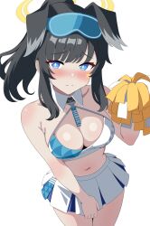 Rule 34 | 1girl, absurdres, animal ears, black hair, blue archive, blue eyes, blue skirt, breasts, character name, cleavage, clothes writing, dog ears, dog girl, eyewear on head, halo, hibiki (blue archive), hibiki (cheer squad) (blue archive), highres, holding, holding pom poms, large breasts, looking at viewer, midriff, millennium cheerleader outfit (blue archive), navel, official alternate costume, pom pom (cheerleading), pom poms, ponytail, shiguren 39, short hair, sidelocks, skirt, solo, standing, star sticker, sticker on face, sunglasses, thighs, two-tone skirt, white skirt, yellow halo