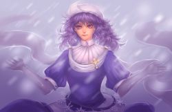 Rule 34 | 1girl, adapted costume, curly hair, dress, elbow gloves, expressionless, female focus, gloves, hat, high collar, juliet sleeves, letty whiterock, light purple hair, light smile, long sleeves, looking at viewer, pin, puffy sleeves, purple dress, purple eyes, purple hair, purple theme, realistic, shawl, sheryth, short hair, snowflakes, snowing, solo, touhou