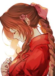 Rule 34 | 1girl, aerith gainsborough, braid, braided ponytail, breasts, brown hair, closed eyes, closed mouth, final fantasy, final fantasy vii, final fantasy vii rebirth, final fantasy vii remake, flower, hair flower, hair ornament, hair ribbon, hand on own chest, happy birthday, highres, jacket, light blush, light smile, long hair, medium breasts, parted bangs, pink flower, pink ribbon, red jacket, ribbon, sera (serappi), sidelocks, single braid, solo, upper body, wavy hair, white background