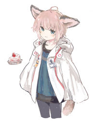 Rule 34 | 1girl, absurdres, animal ears, arknights, black pantyhose, blue eyes, cloak, cropped legs, cross, food, fox ears, fox girl, fox tail, highres, hood, hood down, long sleeves, looking at viewer, nprmtp, open clothes, pantyhose, pink hair, red cross, short hair, simple background, solo, sussurro (arknights), tail, white background, white cloak